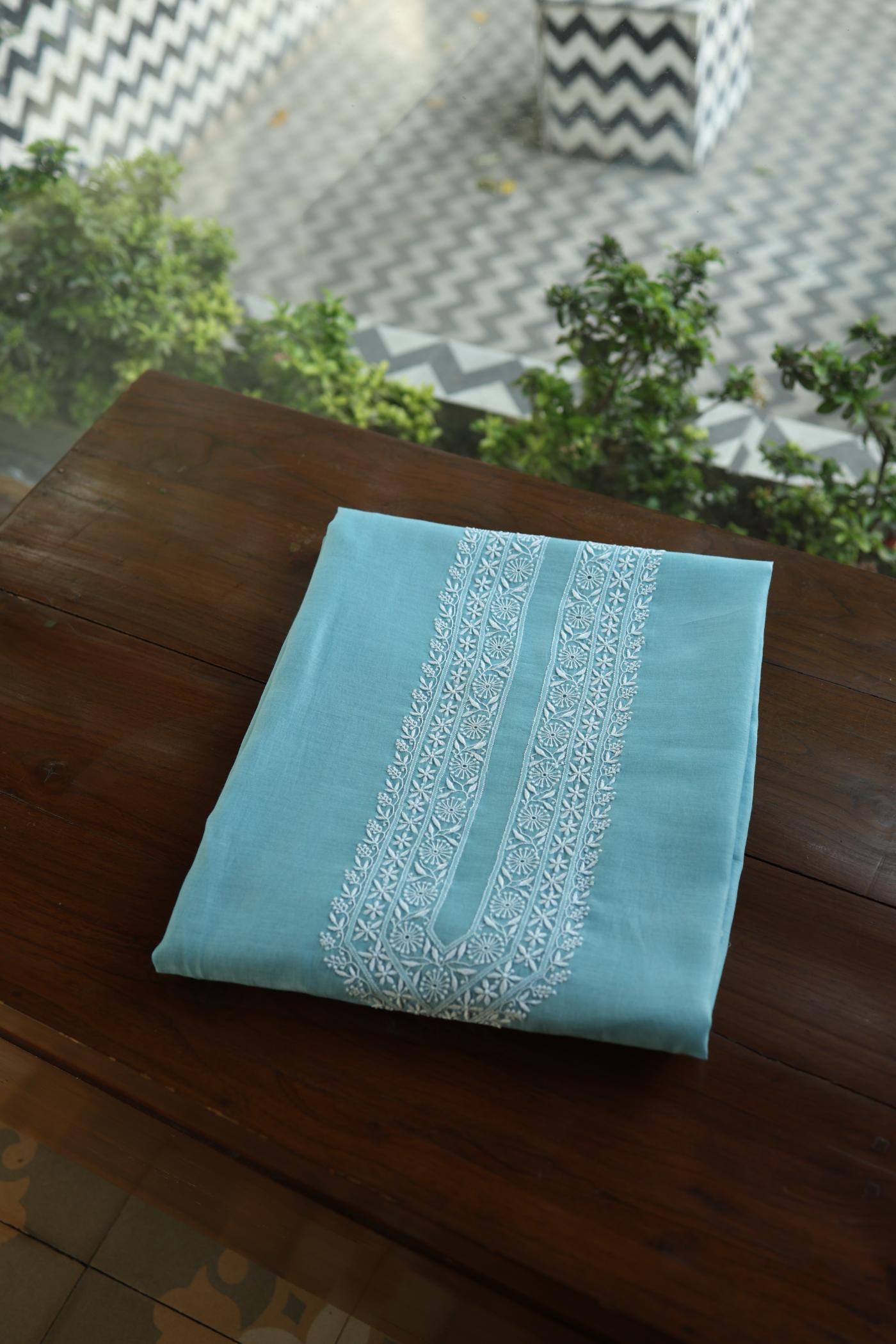 Fountain Blue Mulmul Chikankari Unstitched Men's Kurtas Fabric