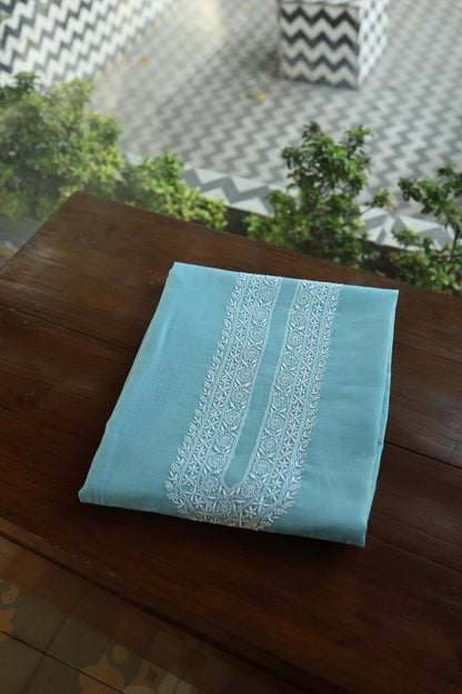 Fountain Blue Mulmul Chikankari Unstitched Men's Kurtas Fabric