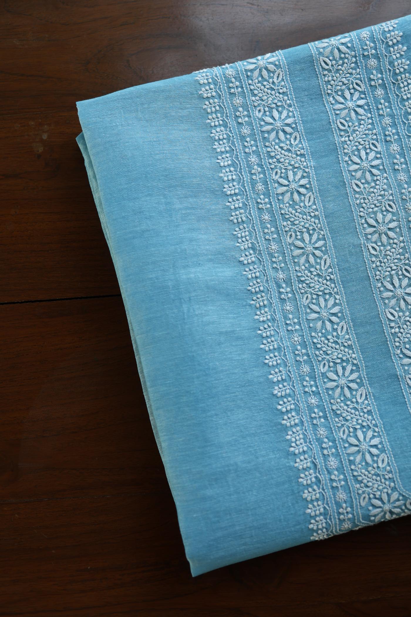 Fountain Blue Mulmul Chikankari Unstitched Men's Kurtas Fabric