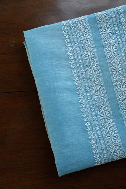 Fountain Blue Mulmul Chikankari Unstitched Men's Kurtas Fabric