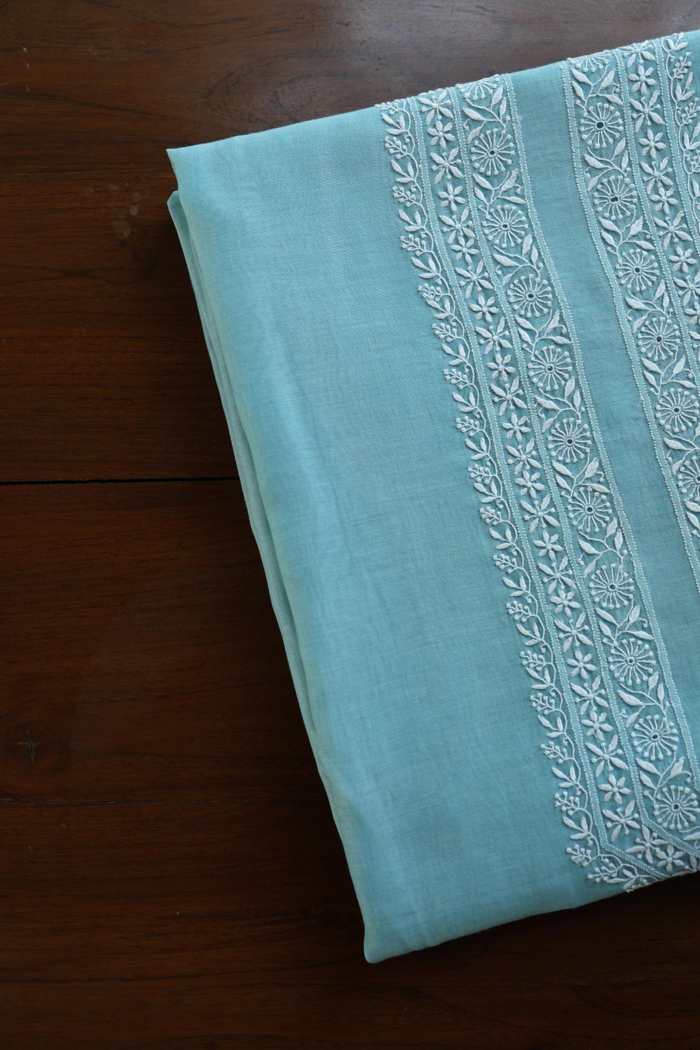 Fountain Blue Mulmul Chikankari Unstitched Men's Kurtas Fabric