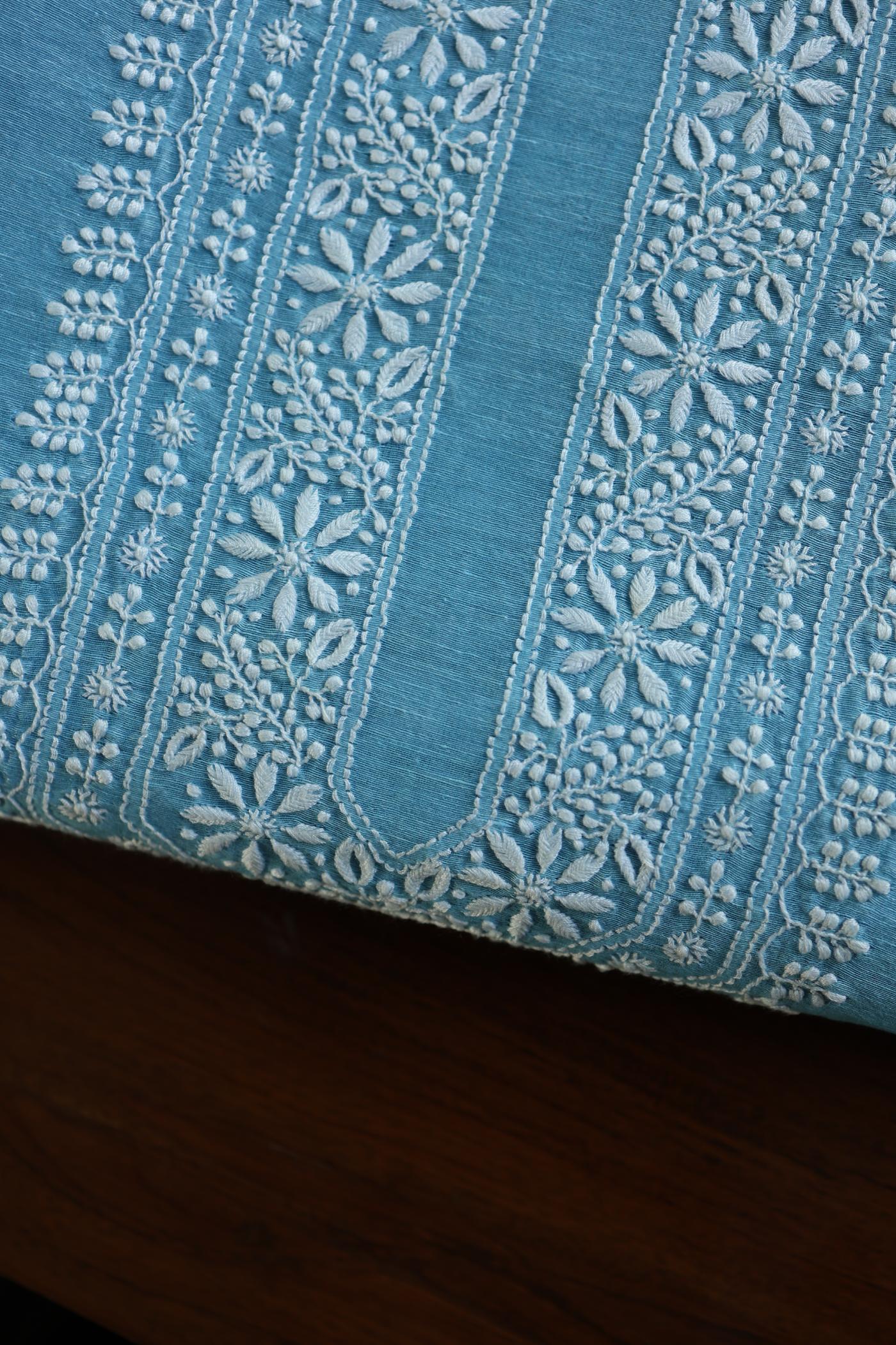 Fountain Blue Mulmul Chikankari Unstitched Men's Kurtas Fabric