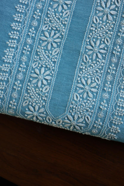 Fountain Blue Mulmul Chikankari Unstitched Men's Kurtas Fabric