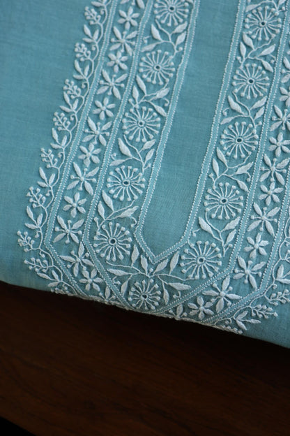 Fountain Blue Mulmul Chikankari Unstitched Men's Kurtas Fabric