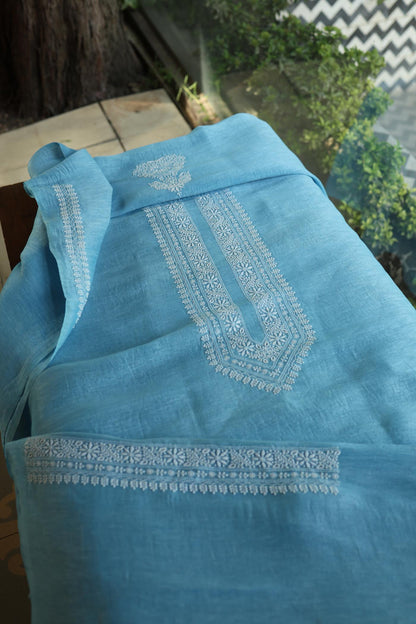 Fountain Blue Mulmul Chikankari Unstitched Men's Kurtas Fabric
