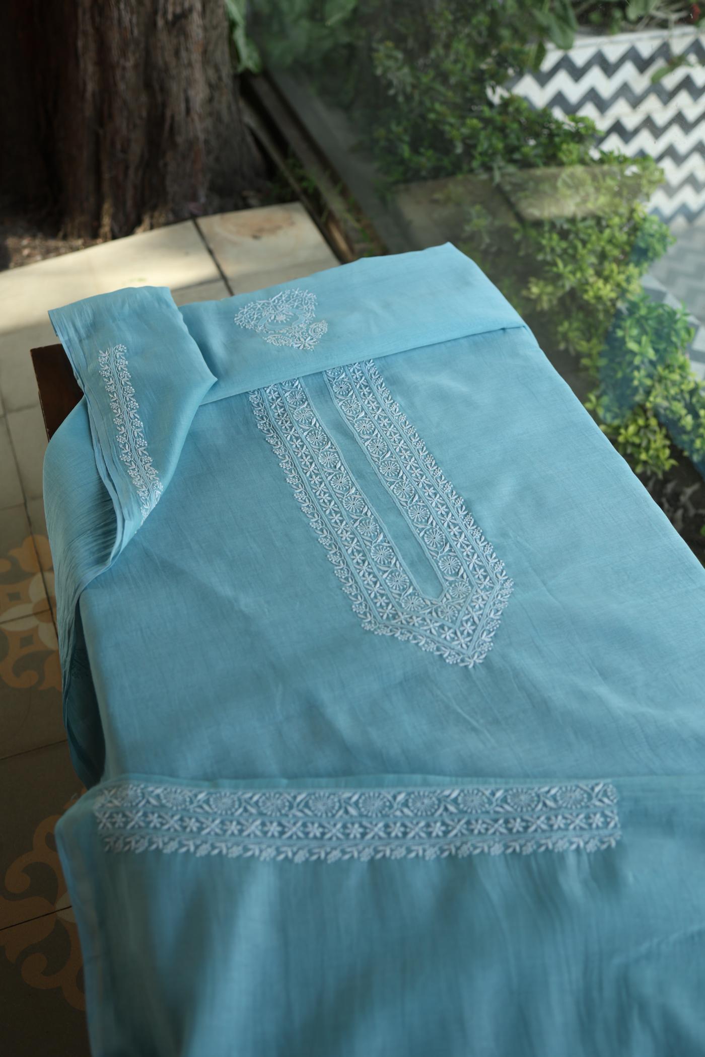 Fountain Blue Mulmul Chikankari Unstitched Men's Kurtas Fabric
