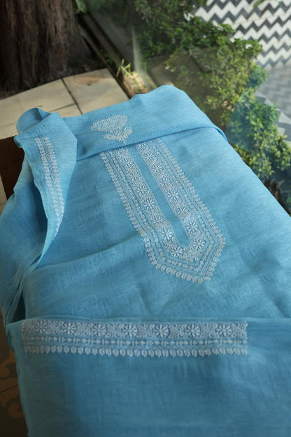 Fountain Blue Mulmul Chikankari Unstitched Men's Kurtas Fabric