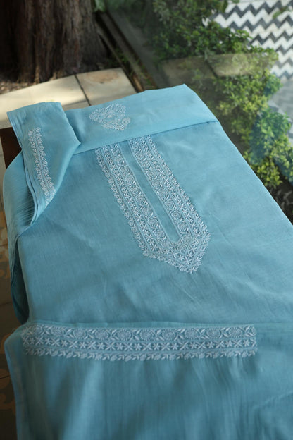 Fountain Blue Mulmul Chikankari Unstitched Men's Kurtas Fabric