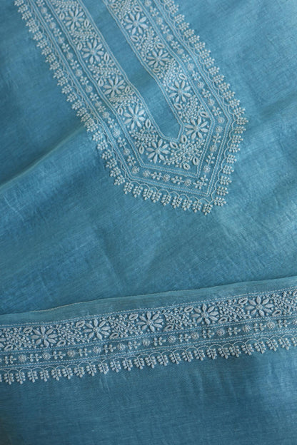 Fountain Blue Mulmul Chikankari Unstitched Men's Kurtas Fabric