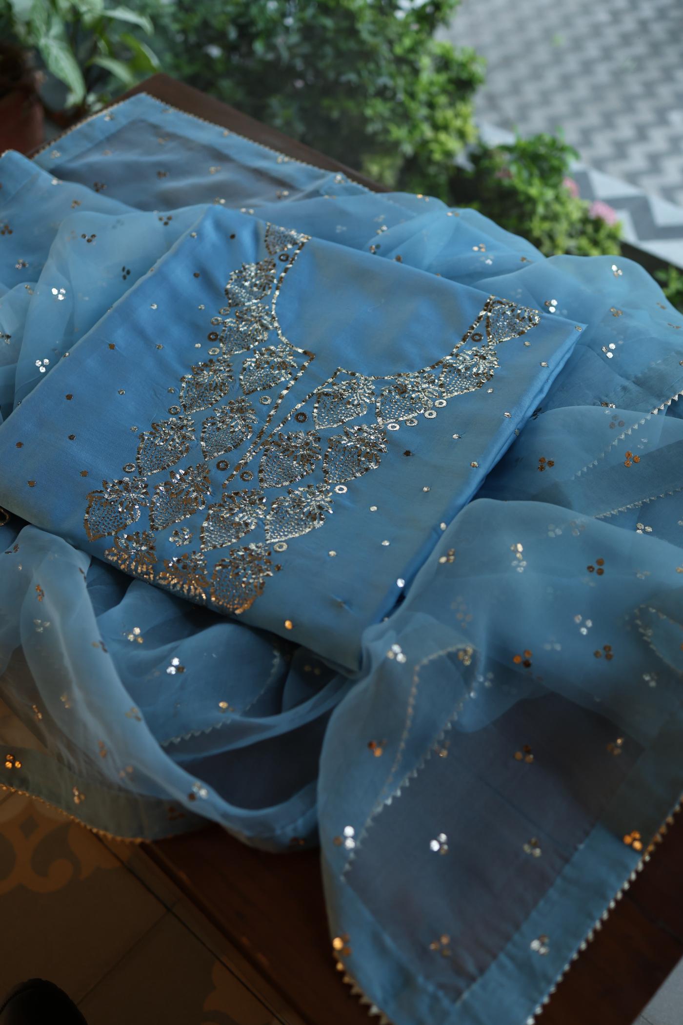 Fountain Blue Shade Chanderi Silk Mukaish Badla Unstitched Fabric