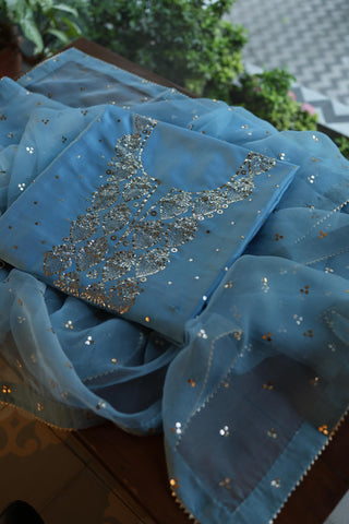 Fountain Blue Shade Chanderi Silk Mukaish Badla Unstitched Fabric