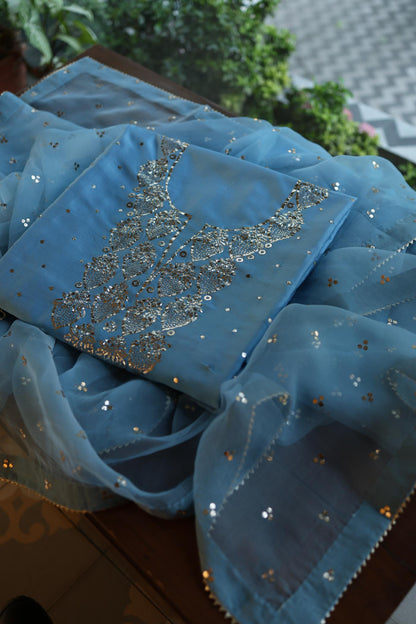 Fountain Blue Shade Chanderi Silk Mukaish Badla Unstitched Fabric