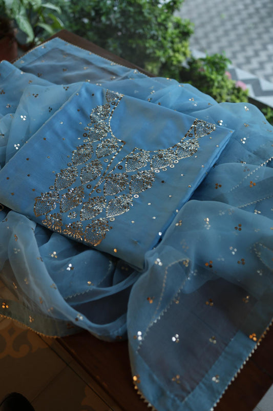 Fountain Blue Shade Chanderi Silk Mukaish Badla Unstitched Fabric