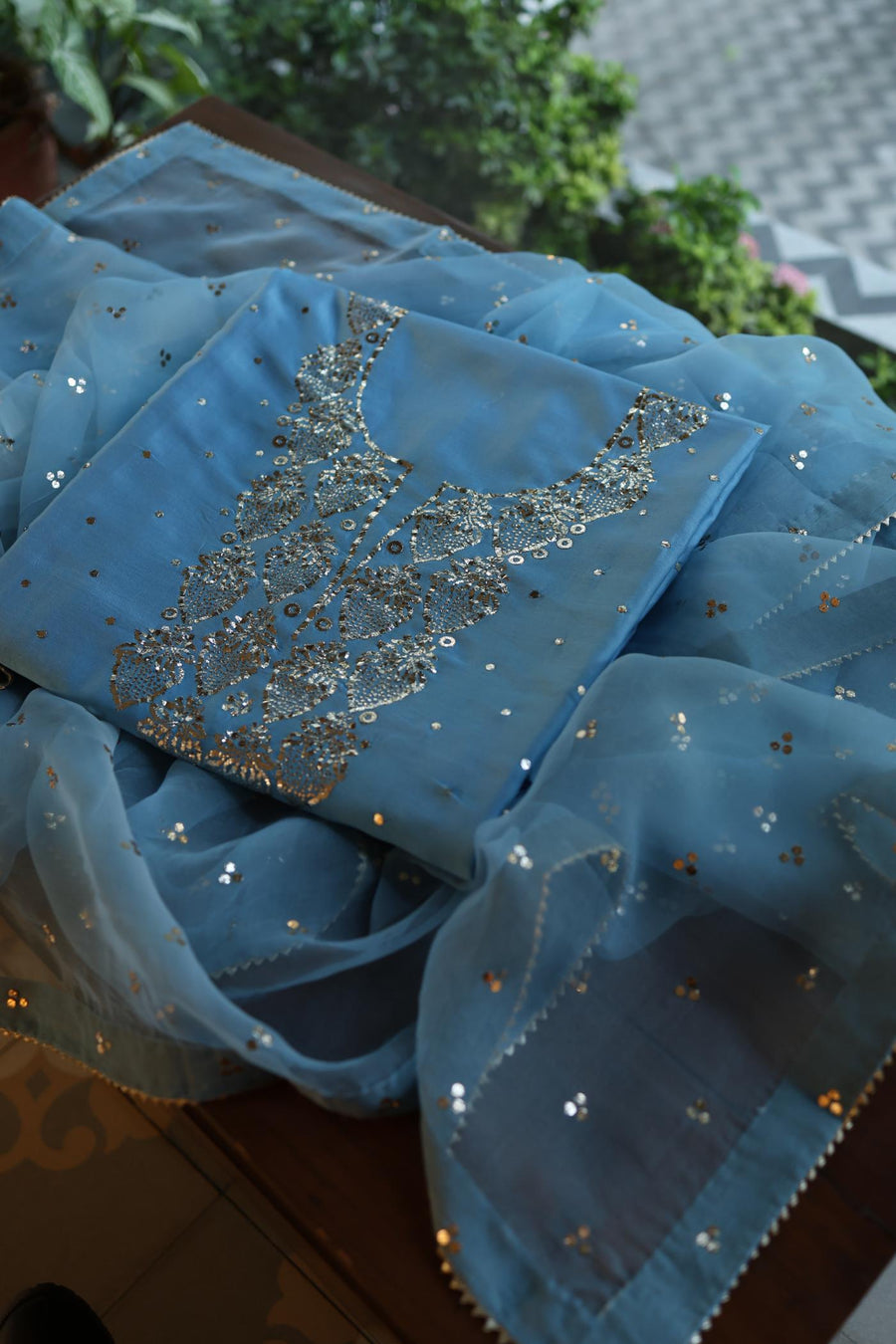 Fountain Blue Shade Chanderi Silk Mukaish Badla Unstitched Fabric