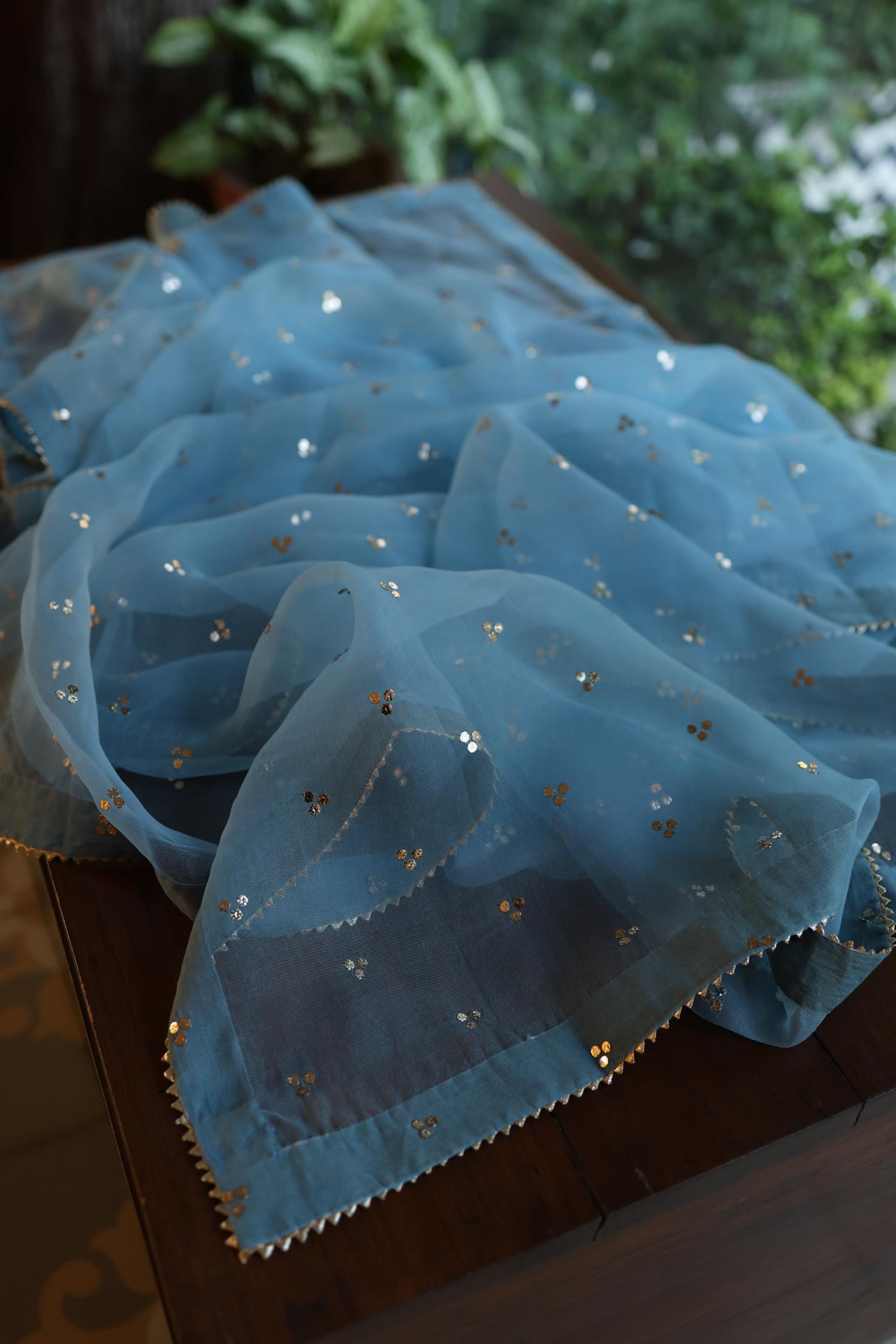 Fountain Blue Shade Chanderi Silk Mukaish Badla Unstitched Fabric