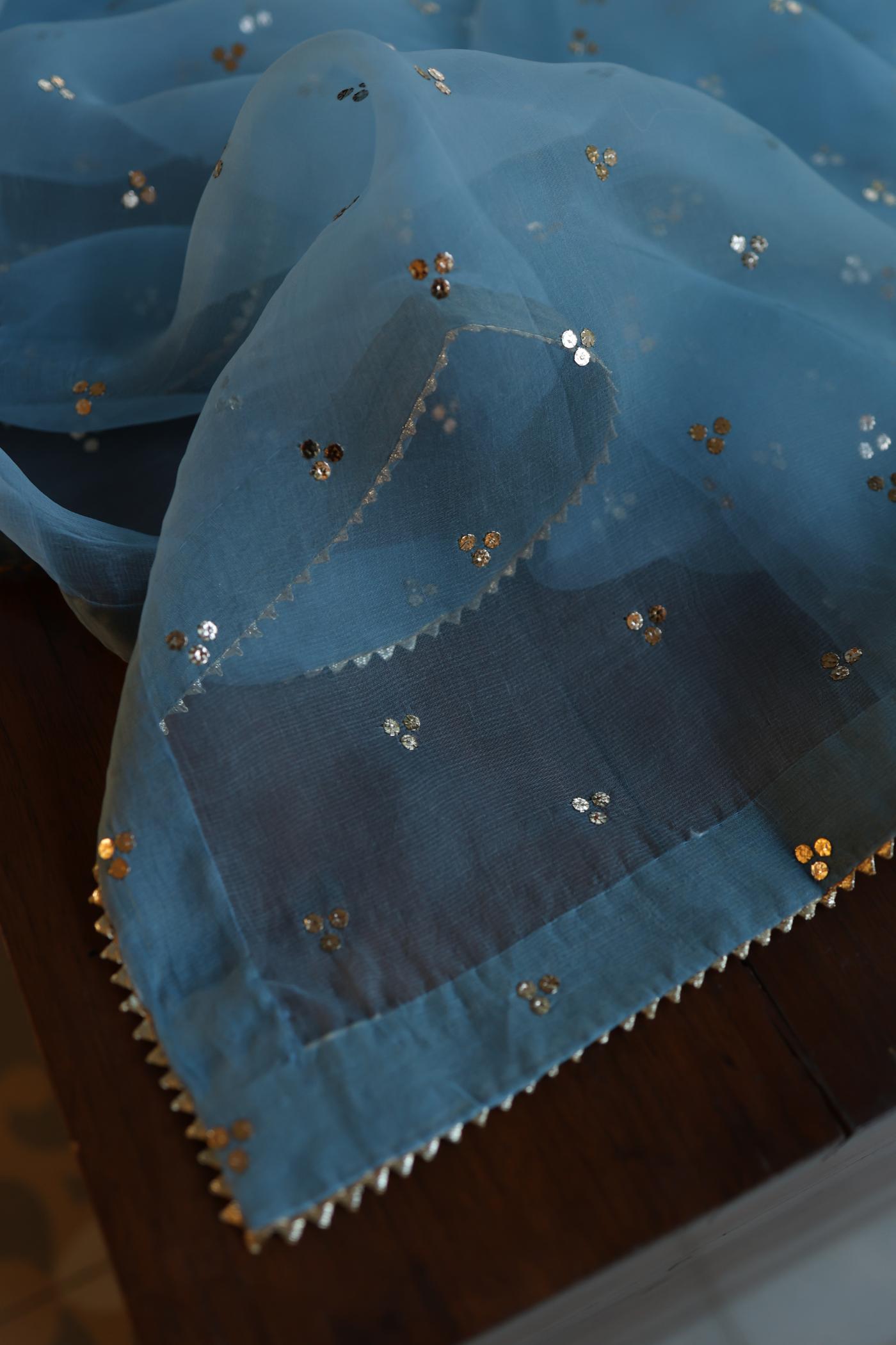 Fountain Blue Shade Chanderi Silk Mukaish Badla Unstitched Fabric