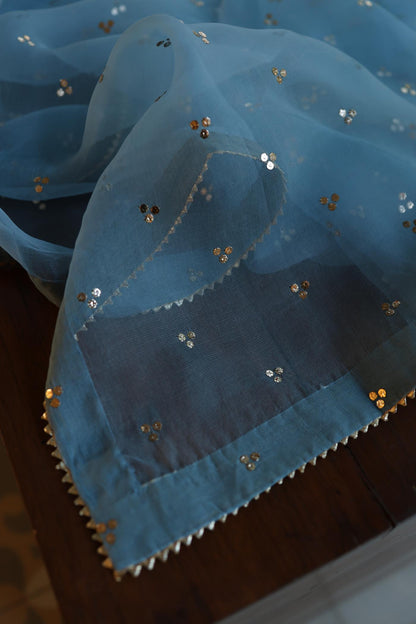 Fountain Blue Shade Chanderi Silk Mukaish Badla Unstitched Fabric