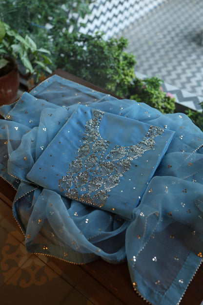 Fountain Blue Shade Chanderi Silk Mukaish Badla Unstitched Fabric
