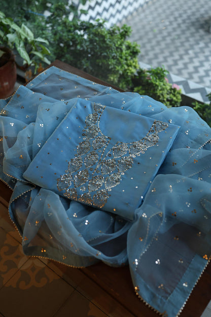 Fountain Blue Shade Chanderi Silk Mukaish Badla Unstitched Fabric