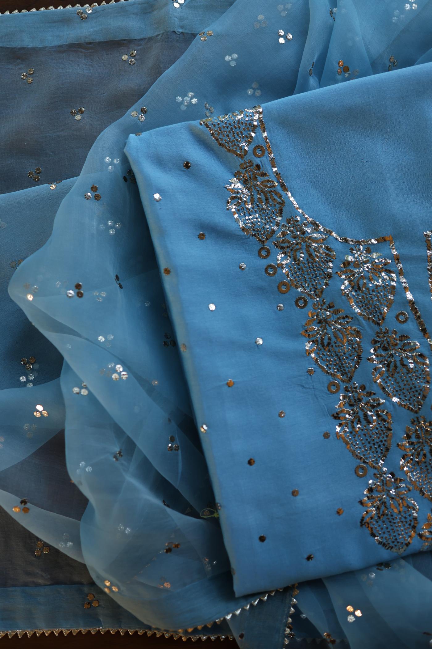Fountain Blue Shade Chanderi Silk Mukaish Badla Unstitched Fabric