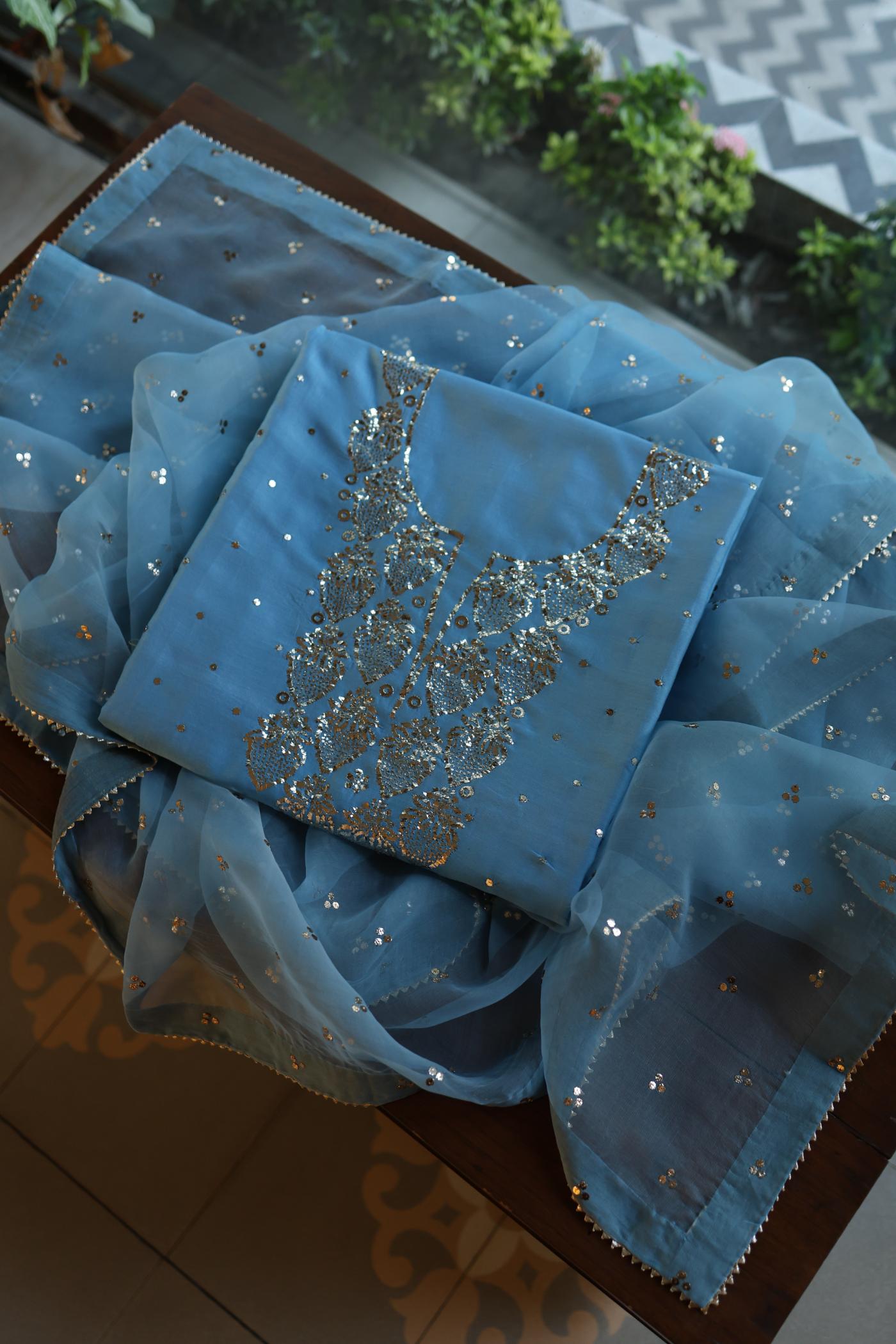 Fountain Blue Shade Chanderi Silk Mukaish Badla Unstitched Fabric