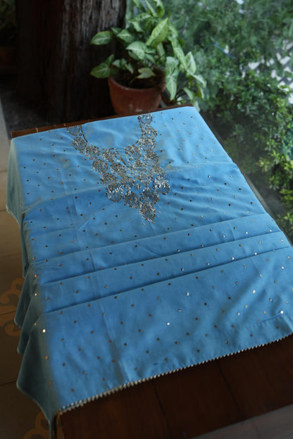 Fountain Blue Shade Chanderi Silk Mukaish Badla Unstitched Fabric