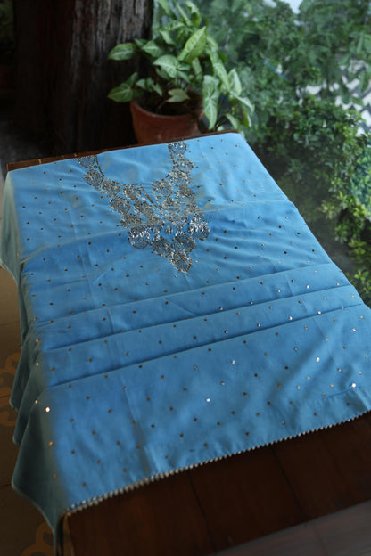 Fountain Blue Shade Chanderi Silk Mukaish Badla Unstitched Fabric