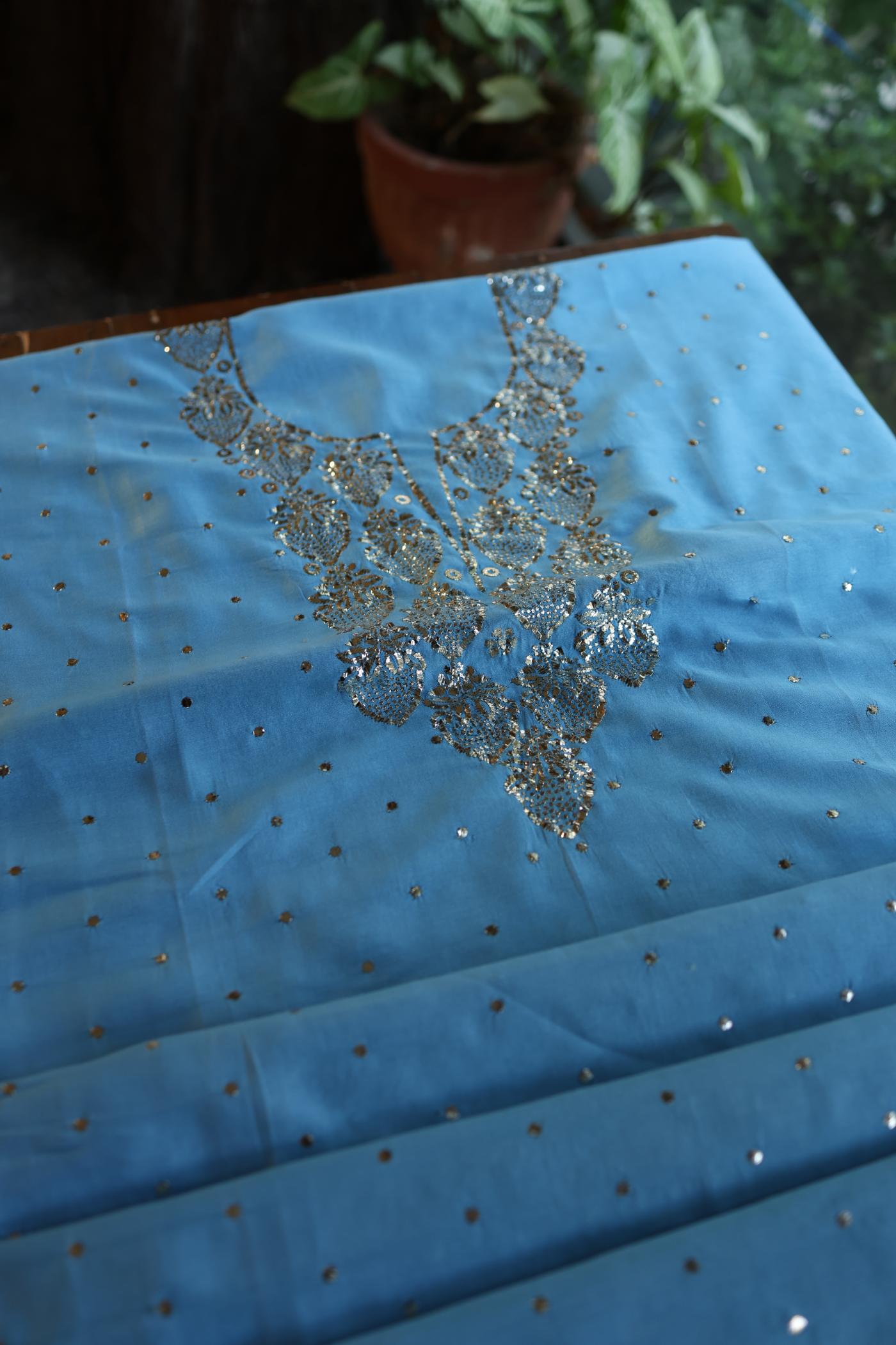 Fountain Blue Shade Chanderi Silk Mukaish Badla Unstitched Fabric