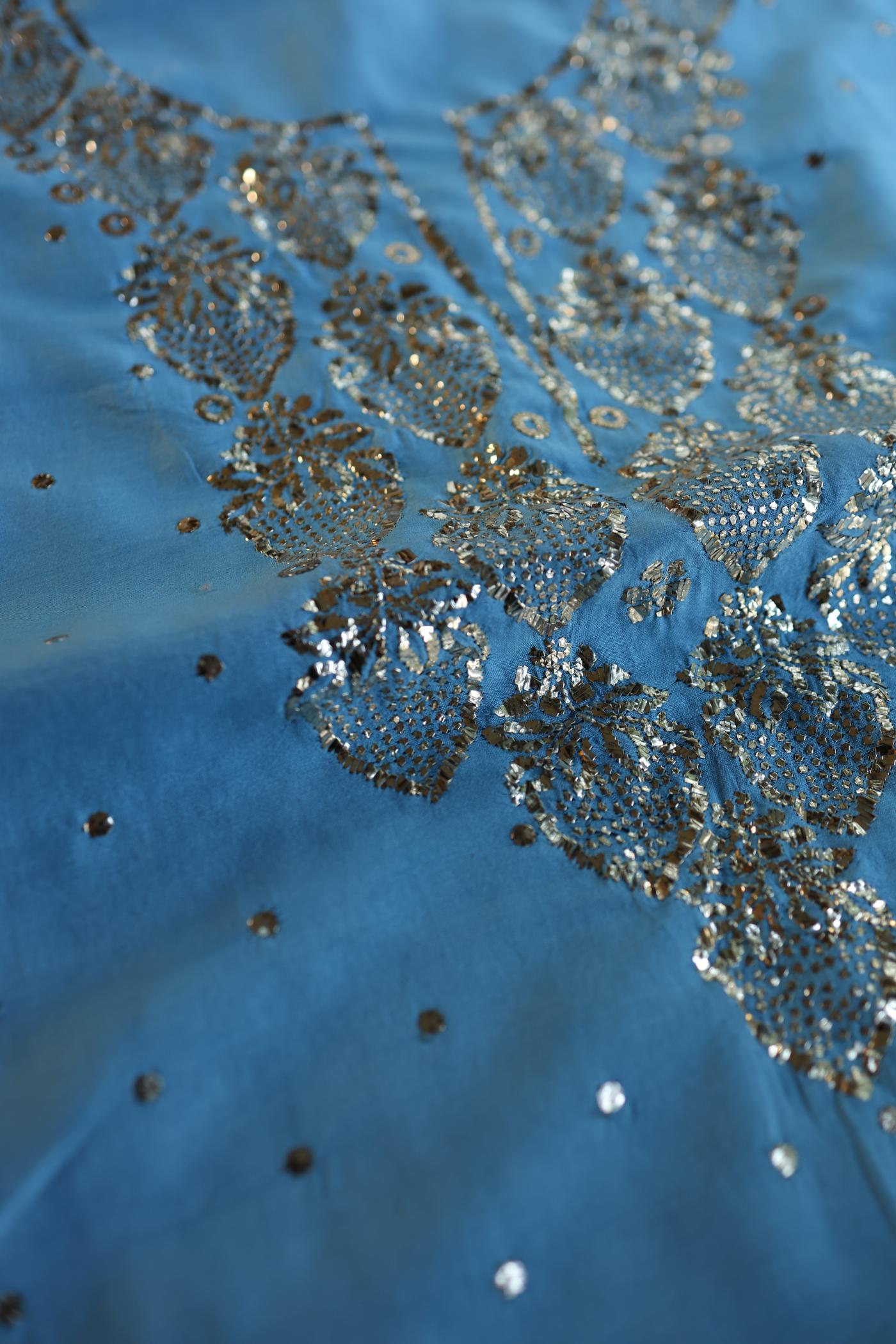 Fountain Blue Shade Chanderi Silk Mukaish Badla Unstitched Fabric