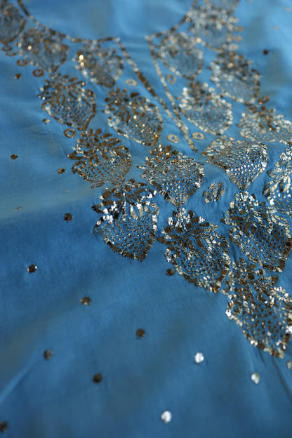 Fountain Blue Shade Chanderi Silk Mukaish Badla Unstitched Fabric