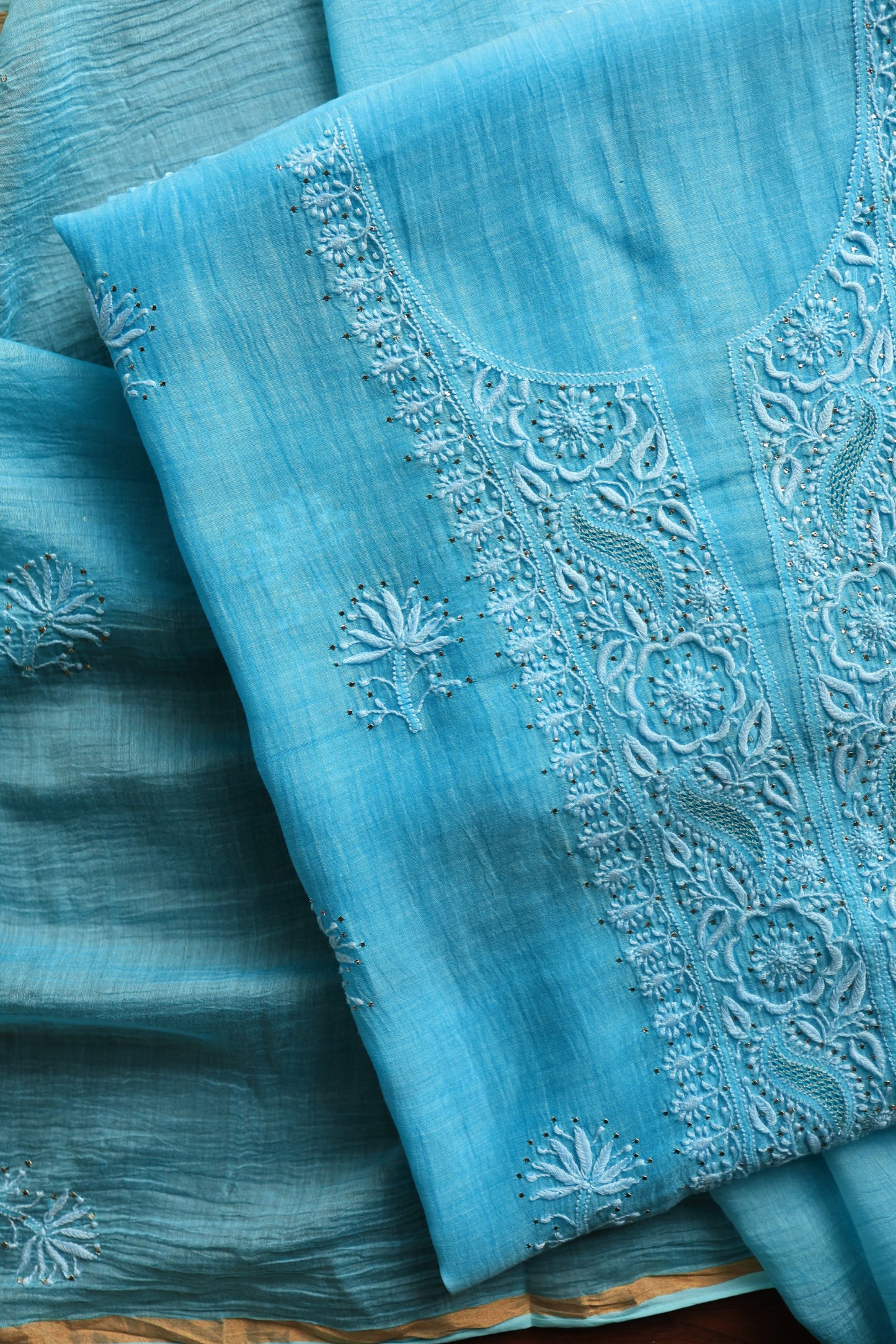 Fountain Blue Shade Mal Cotton Chikankari Unstitched Fabrics With Kamdani
