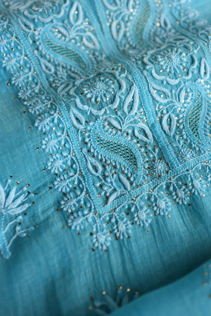 Fountain Blue Shade Mal Cotton Chikankari Unstitched Fabrics With Kamdani