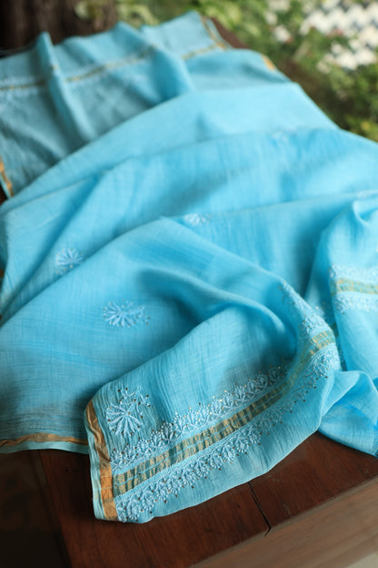 Fountain Blue Shade Mal Cotton Chikankari Unstitched Fabrics With Kamdani