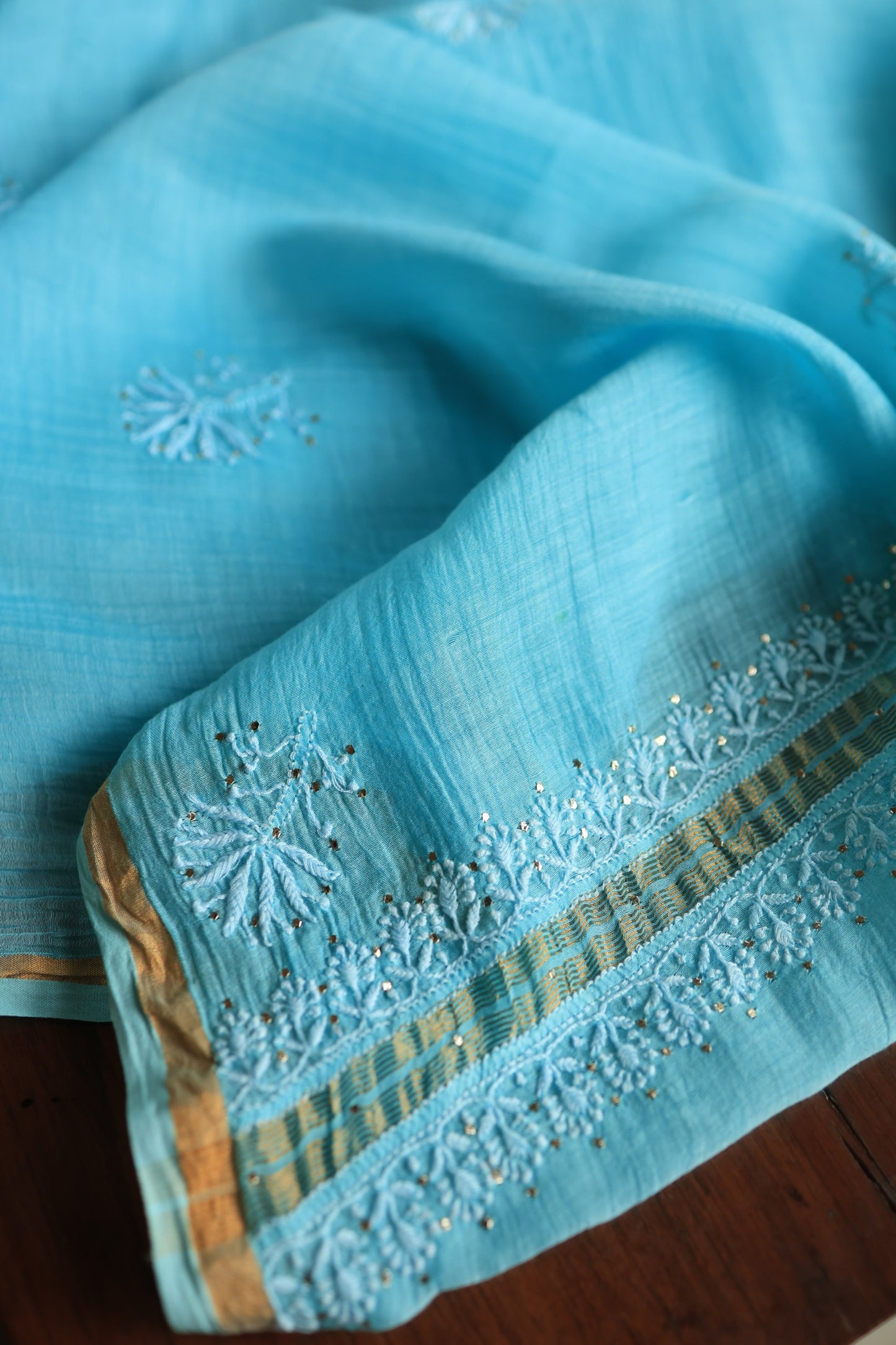 Fountain Blue Shade Mal Cotton Chikankari Unstitched Fabrics With Kamdani