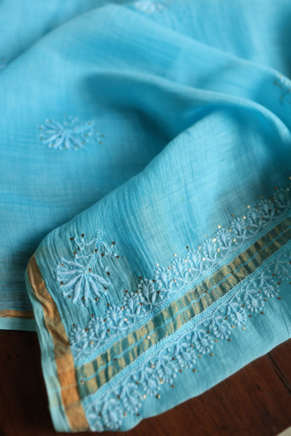 Fountain Blue Shade Mal Cotton Chikankari Unstitched Fabrics With Kamdani