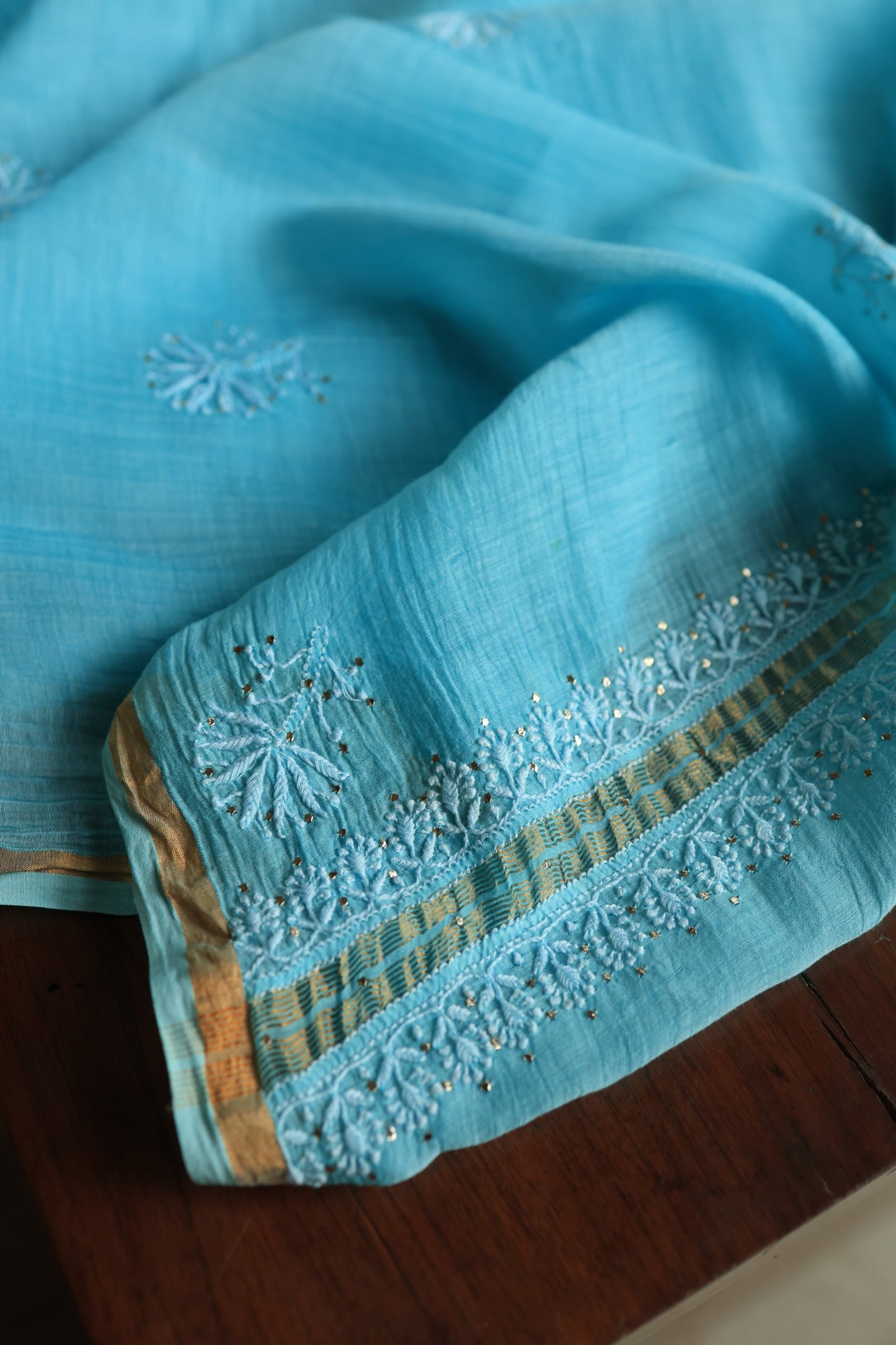 Fountain Blue Shade Mal Cotton Chikankari Unstitched Fabrics With Kamdani