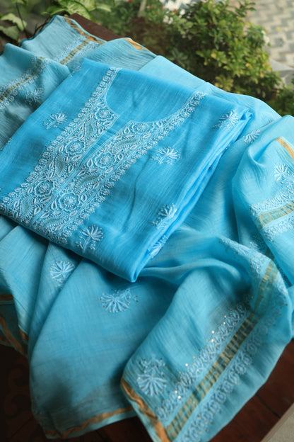 Fountain Blue Shade Mal Cotton Chikankari Unstitched Fabrics With Kamdani