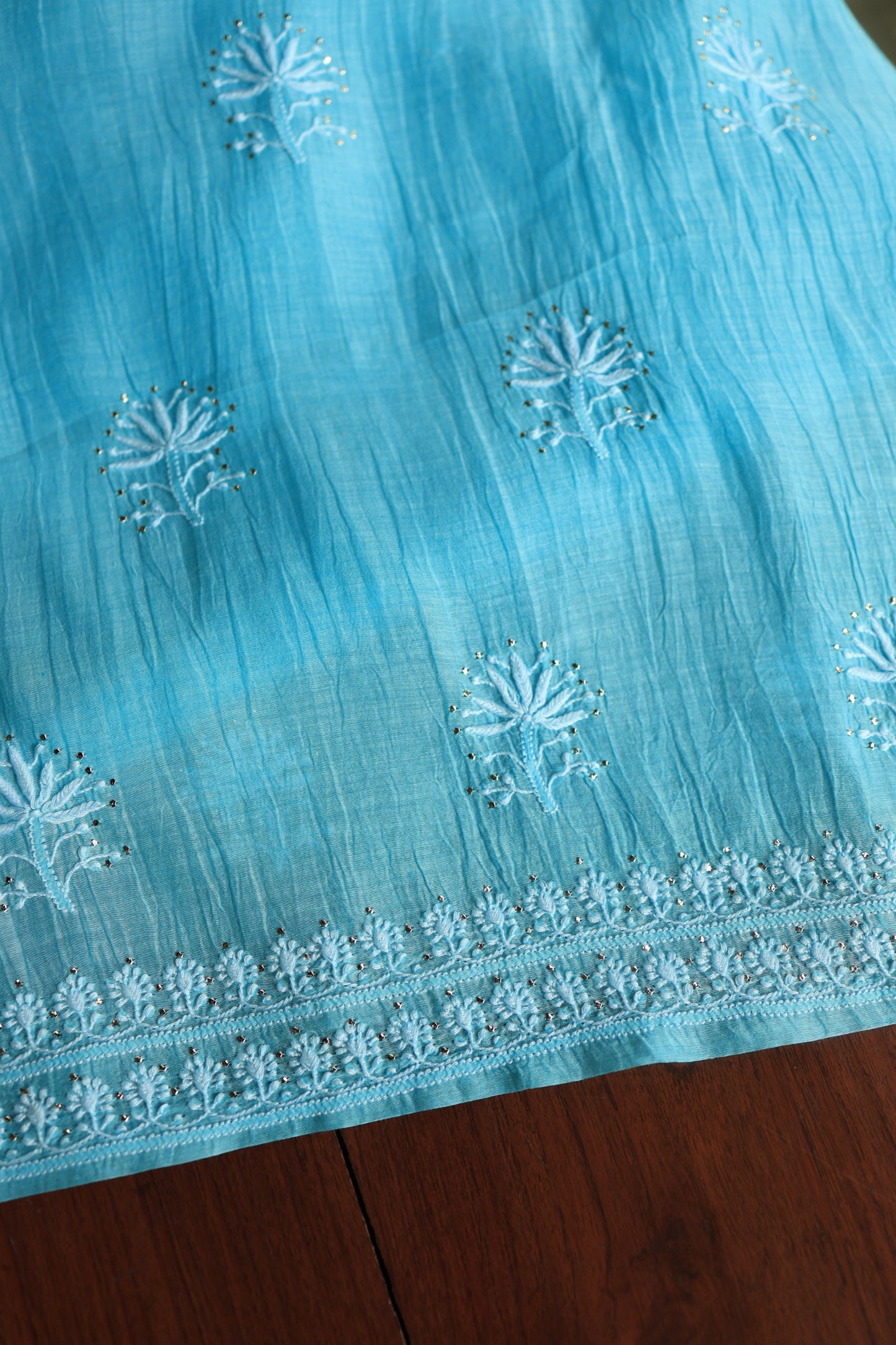 Fountain Blue Shade Mal Cotton Chikankari Unstitched Fabrics With Kamdani