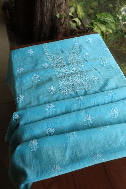 Fountain Blue Shade Mal Cotton Chikankari Unstitched Fabrics With Kamdani