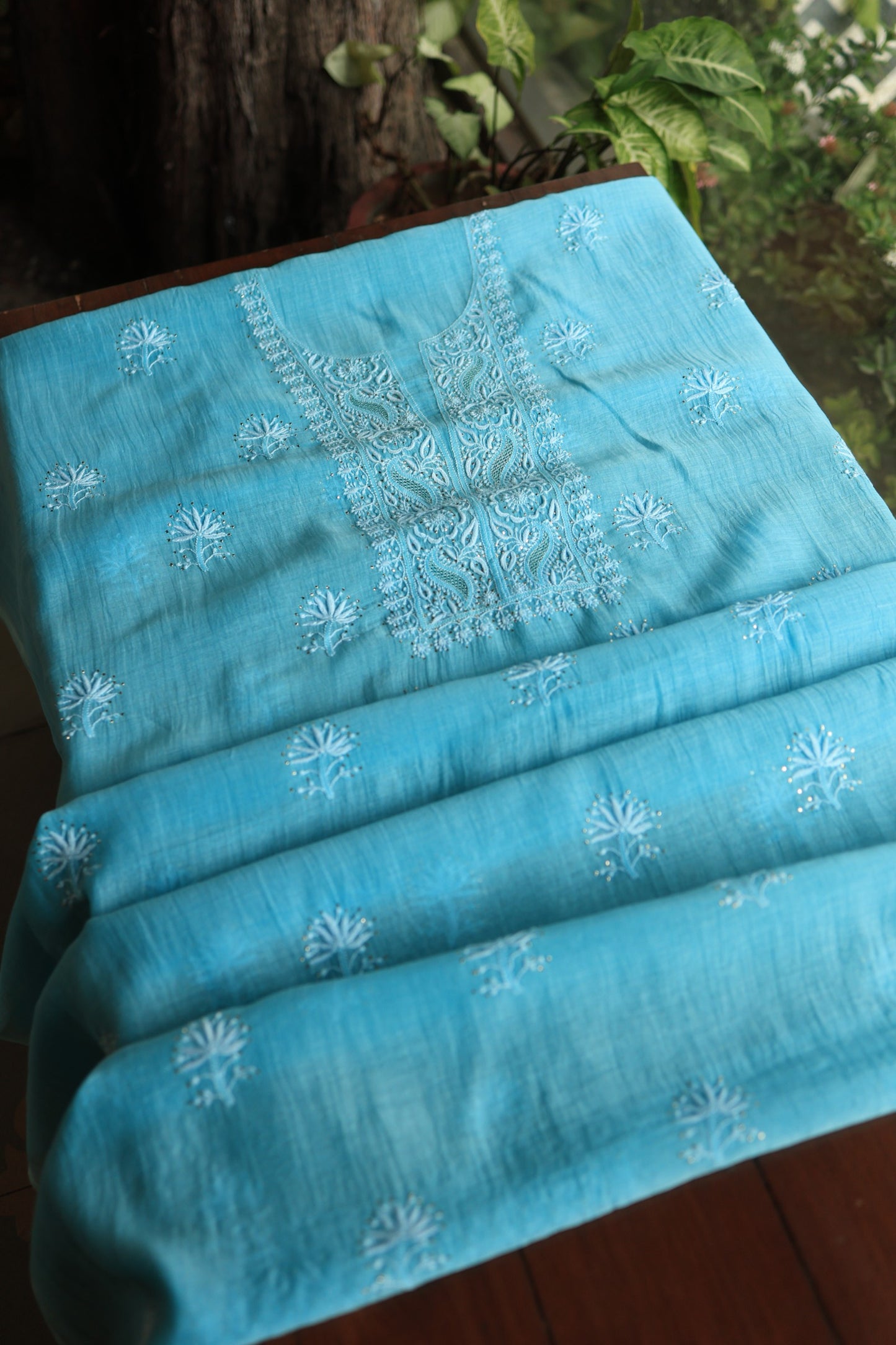 Fountain Blue Shade Mal Cotton Chikankari Unstitched Fabrics With Kamdani
