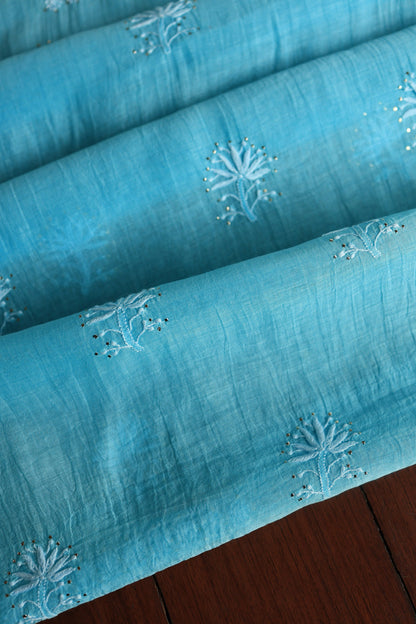 Fountain Blue Shade Mal Cotton Chikankari Unstitched Fabrics With Kamdani