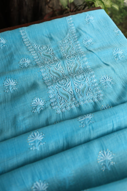 Fountain Blue Shade Mal Cotton Chikankari Unstitched Fabrics With Kamdani