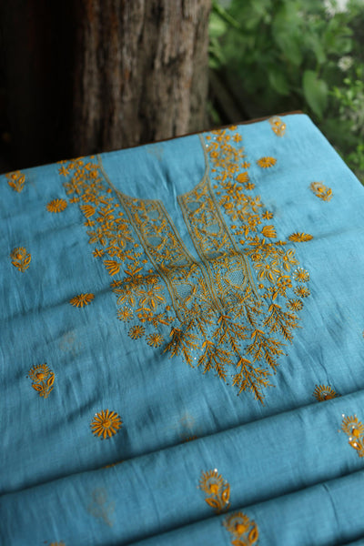 Fountain Blue Shade Mal Cotton Fine Chikankari With Kamdani Work Unstitched Fabric