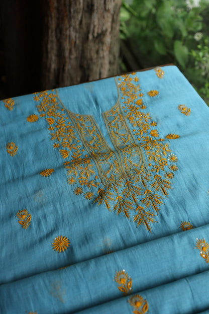 Fountain Blue Shade Mal Cotton Fine Chikankari With Kamdani Work Unstitched Fabric