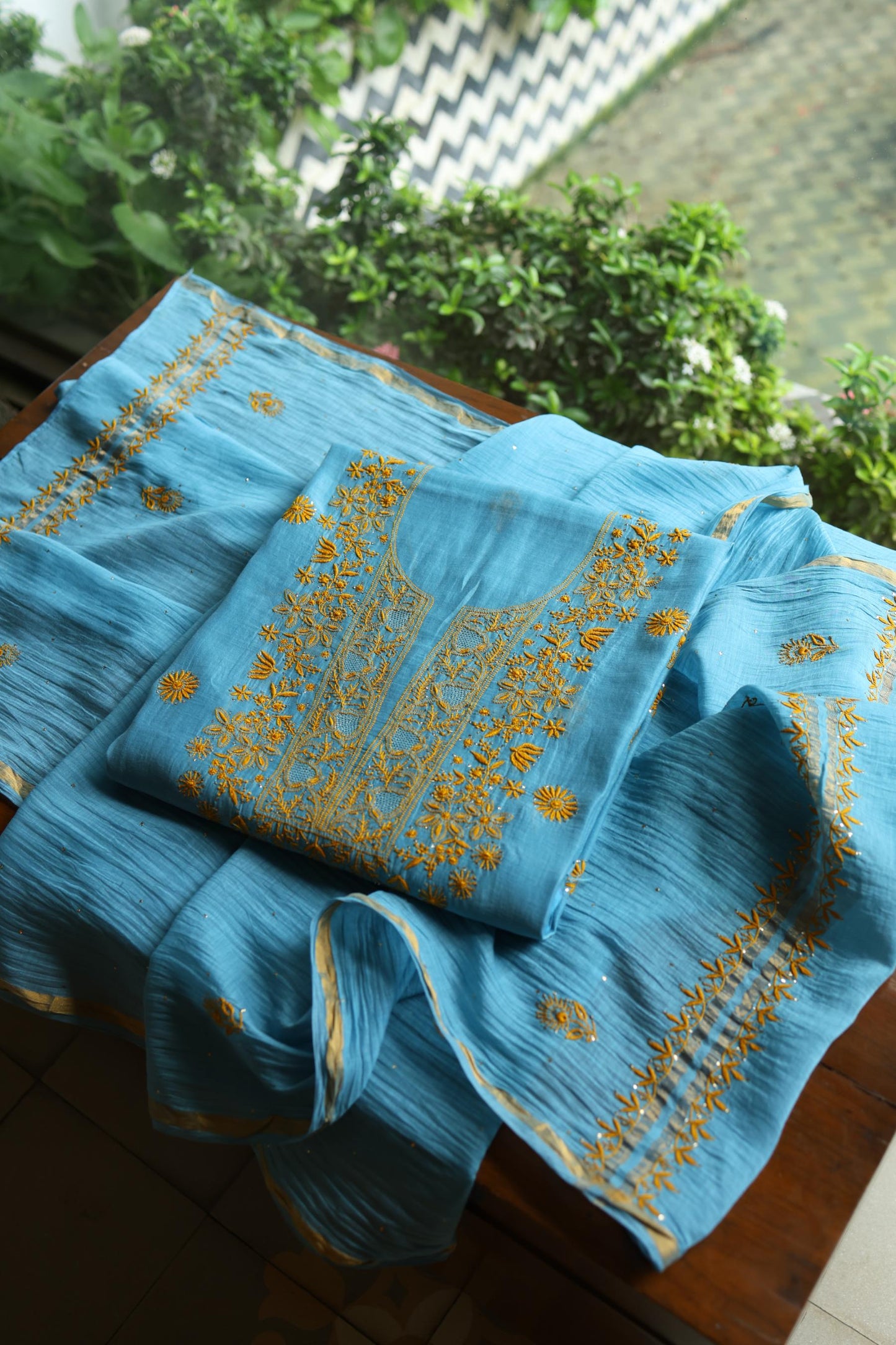 Fountain Blue Shade Mal Cotton Fine Chikankari With Kamdani Work Unstitched Fabric