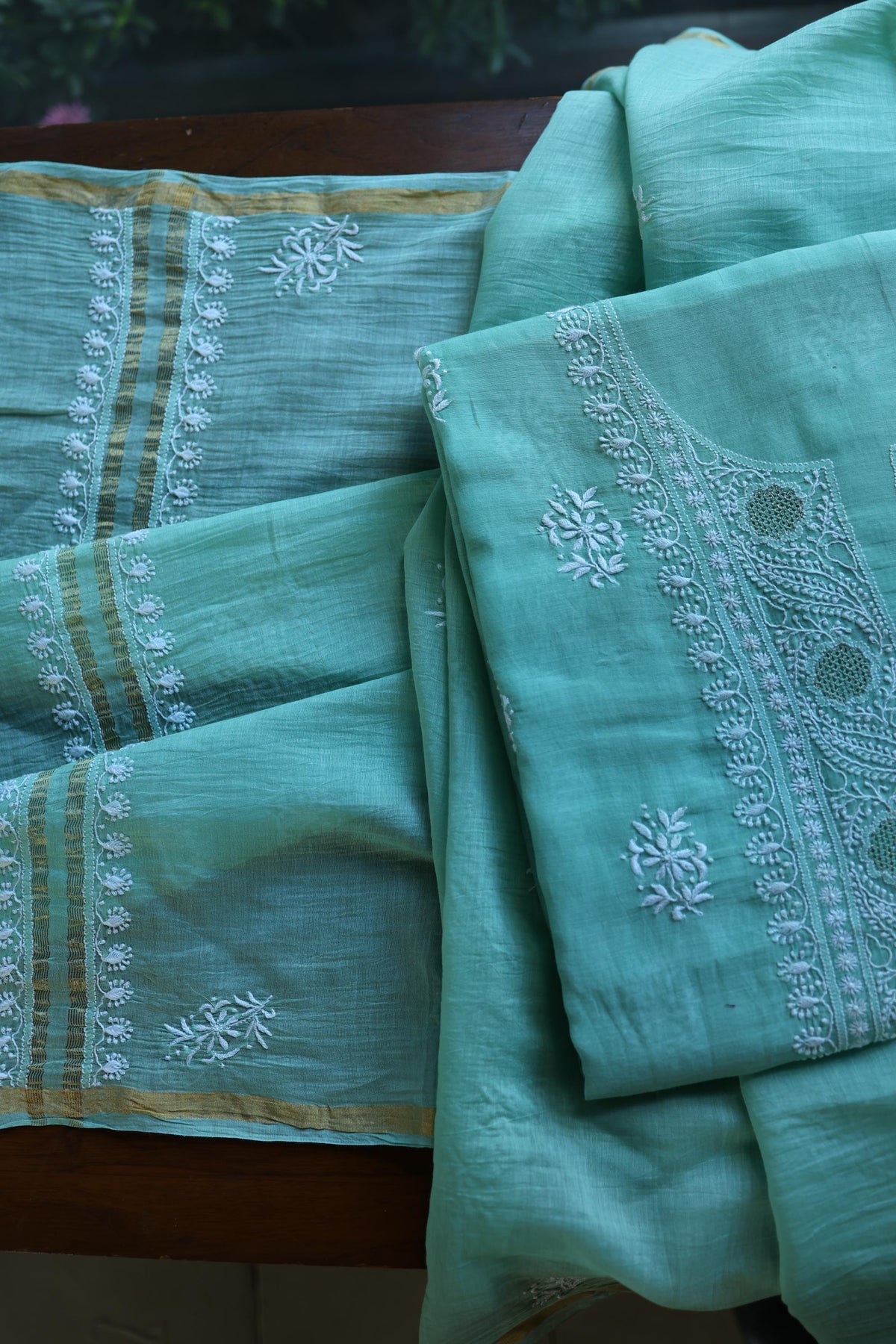 Fountain Blue Shade Mal Cotton Fine Chikankari With Kamdani Work Unstitched Fabric