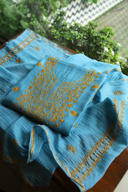 Fountain Blue Shade Mal Cotton Fine Chikankari With Kamdani Work Unstitched Fabric