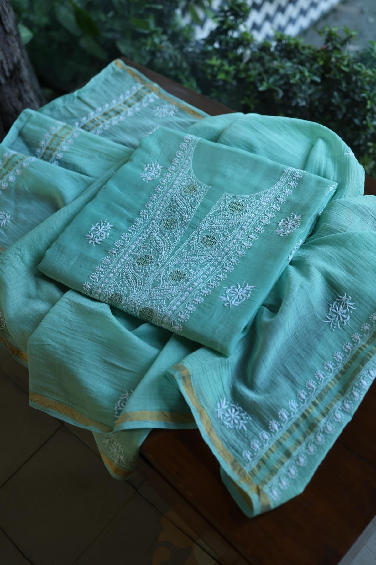 Fountain Blue Shade Mal Cotton Fine Chikankari With Kamdani Work Unstitched Fabric