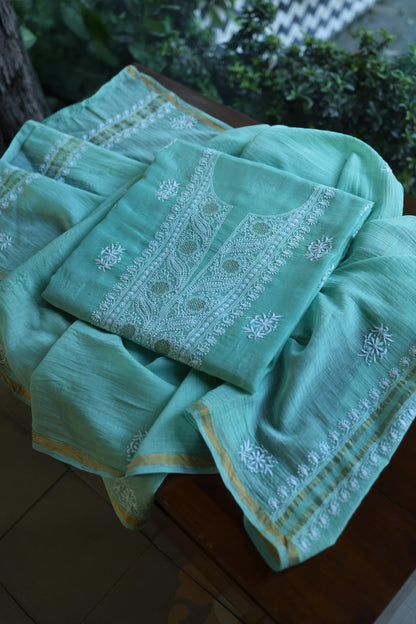 Fountain Blue Shade Mal Cotton Fine Chikankari With Kamdani Work Unstitched Fabric