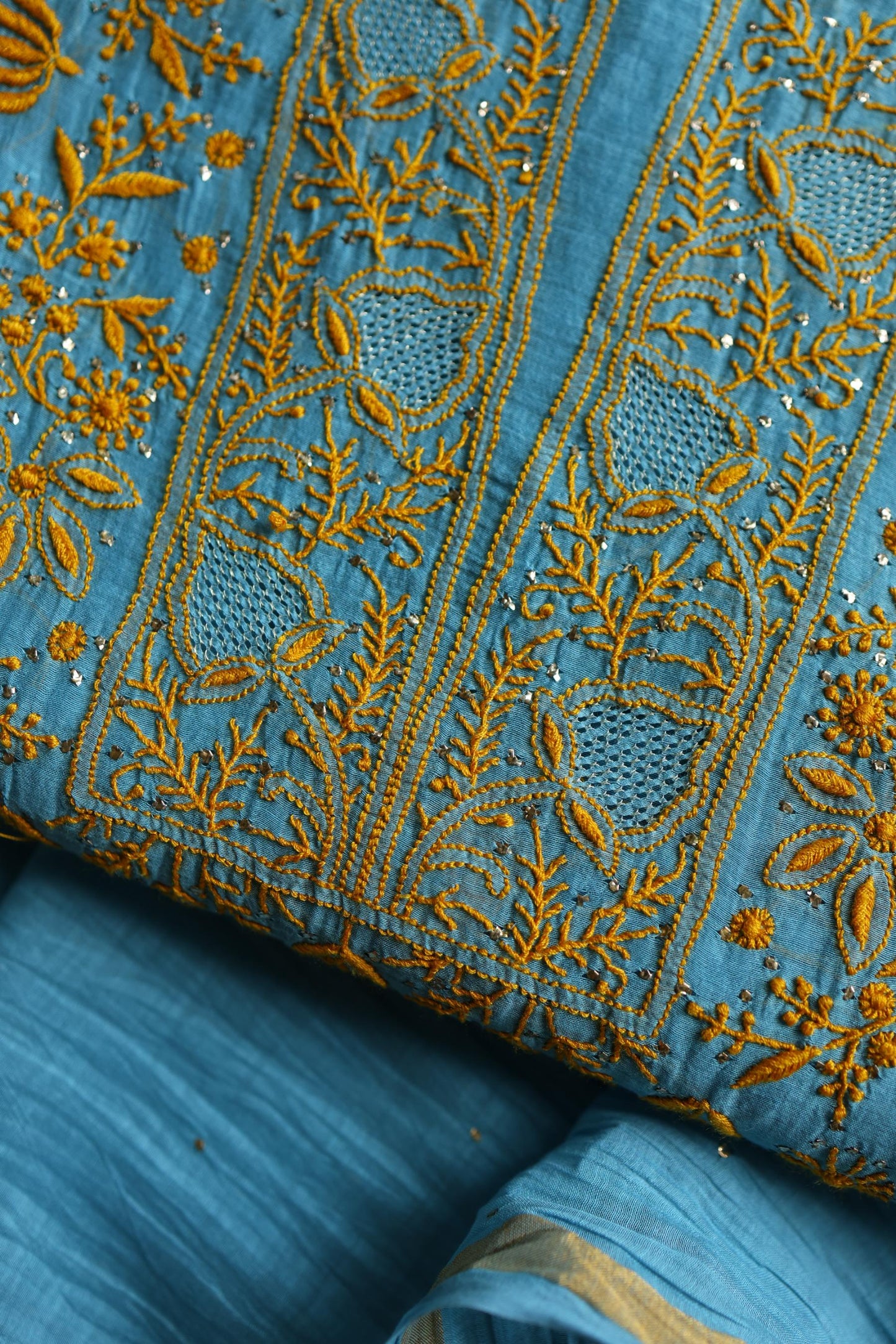 Fountain Blue Shade Mal Cotton Fine Chikankari With Kamdani Work Unstitched Fabric